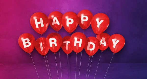 Red Happy Birthday Air Balloons Purple Background Scene Horizontal Banner — Stock Photo, Image