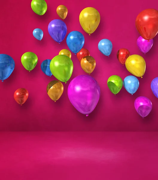 色彩艳丽的气球聚集在粉红的墙壁背景上 3D插图渲染 — 图库照片