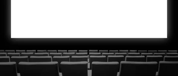 Cinema Movie Theatre Velvet Seats Blank White Screen Copy Space — Stock Photo, Image