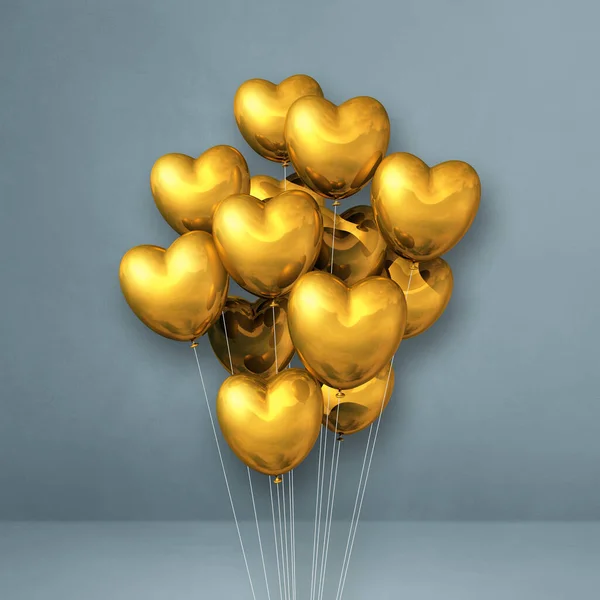 Guld Hjärta Form Ballonger Gäng Grå Vägg Bakgrund Illustration Återgivning — Stockfoto