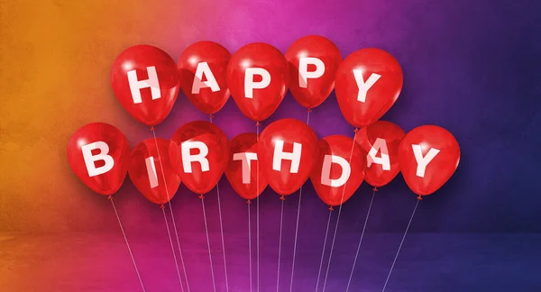红色的生日空气气球在彩虹的背景场景 横向横幅 3D插图渲染 — 图库照片