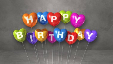 Renkli mutlu yıllar, kalp şeklinde balonlar, gri bir arka plan sahnesinde. Yatay Bayrak. 3B illüstrasyon oluşturucu