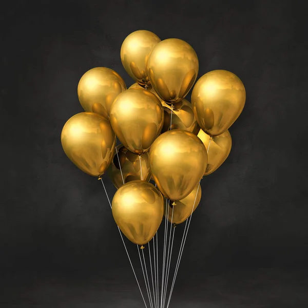 Gold balloons bunch on a black wall background. 3D illustration render