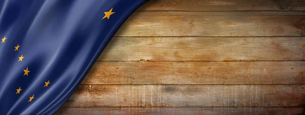 美国阿拉斯加州老木墙横幅上的国旗 3D插图 — 图库照片