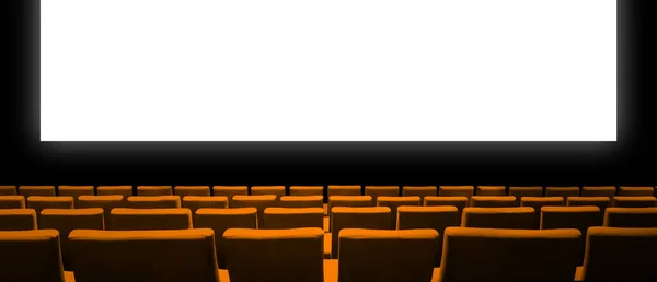 Cinema Movie Theatre Orange Velvet Seats Blank White Screen Copy — Stock Photo, Image