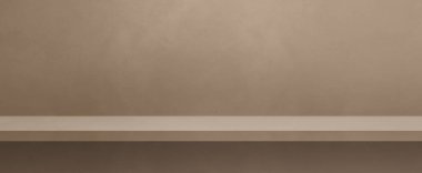 Bej bir duvarda boş bir raf. Arkaplan şablonu. Yatay Pankart