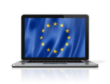 Laptop ekranındaki Avrupa Birliği bayrağı beyaza izole edildi. 3B illüstrasyon oluşturucu.
