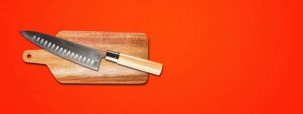 Coltello Tradizionale Giapponese Gyuto Tagliere Sfondo Banner Rosso — Foto Stock