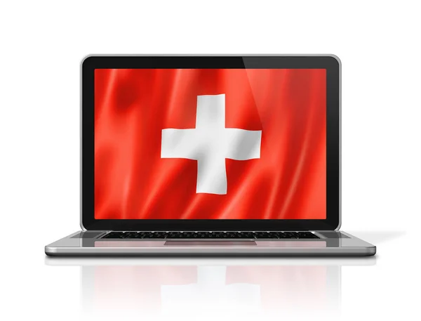 笔记本电脑屏幕上的瑞士国旗与白色隔离 3D插图渲染 — 图库照片