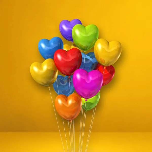 Manojo Globos Coloridos Forma Corazón Sobre Fondo Pared Amarillo Renderizado — Foto de Stock