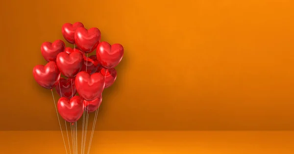 Manojo Globos Forma Corazón Rojo Sobre Fondo Pared Naranja Banner — Foto de Stock