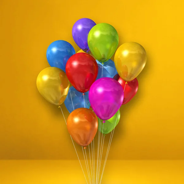 五颜六色的气球堆在黄色的墙壁背景上 3D插图渲染 — 图库照片