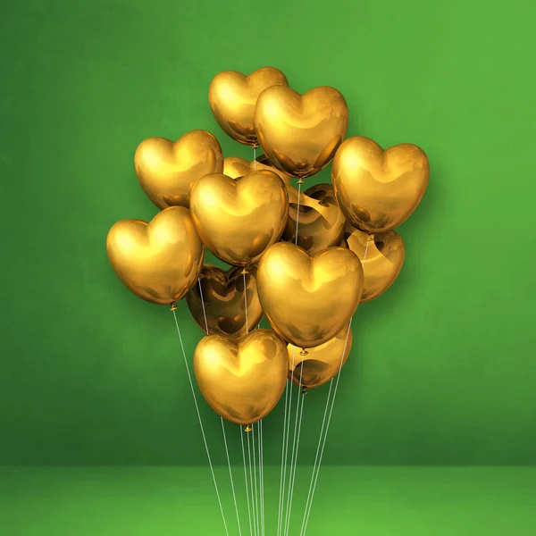 Manojo Globos Forma Corazón Dorado Sobre Fondo Pared Verde Renderizado — Foto de Stock