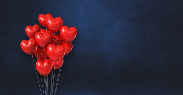 Röda Hjärta Form Ballonger Gäng Svart Vägg Bakgrund Horisontell Banderoll — Stockfoto