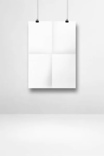 White Folded Poster Hanging Clean Wall Clips Blank Mockup Template — Stock Photo, Image