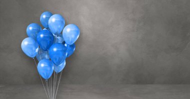 Mavi balonlar gri duvar arka planında toplanmış. Yatay pankart. 3B illüstrasyon oluşturucu