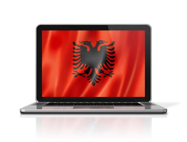 Bandera Albania Pantalla Del Ordenador Portátil Aislado Blanco Renderizado Ilustración —  Fotos de Stock