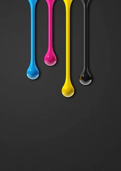 Cmyk Ink Drops Isolated Black Paper Background Illustration — Stock Photo, Image