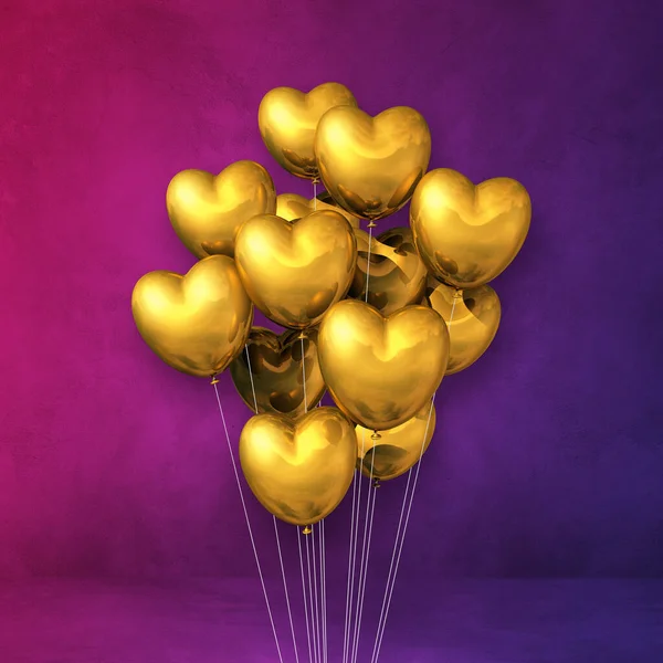 Guld Hjärta Form Ballonger Gäng Lila Vägg Bakgrund Illustration Återgivning — Stockfoto