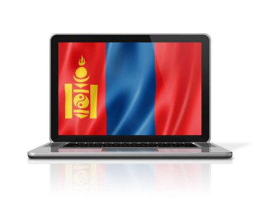 Laptop ekranındaki Moğolistan bayrağı beyaza izole edildi. 3B illüstrasyon oluşturucu.