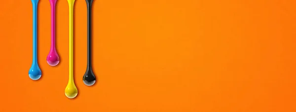 Cmyk Bläck Droppar Isolerad Orange Papper Bakgrund Horisontell Banderoll Illustration — Stockfoto