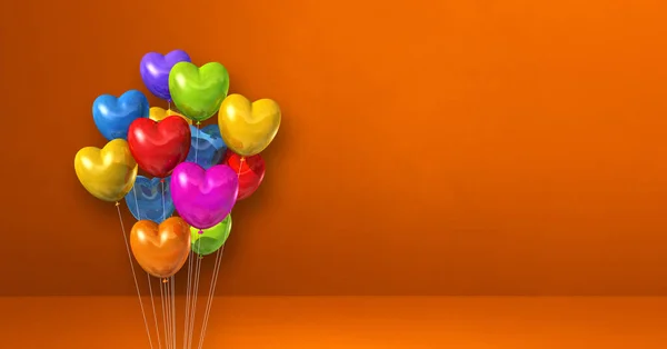 色彩斑斓的心形气球堆在橙色墙壁的背景上 横向横幅 3D插图渲染 — 图库照片