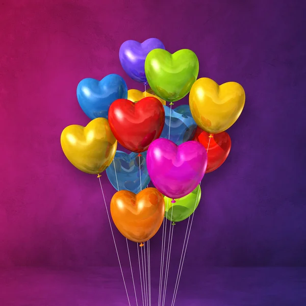 Balões Coloridos Forma Coração Cacho Fundo Parede Roxo Renderização Ilustração — Fotografia de Stock