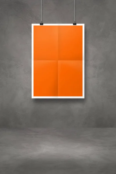 Orange Folded Poster Hanging Dark Concrete Wall Clips Blank Mockup — Stock Photo, Image