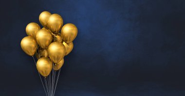 Altın balonlar arka planda bir araya toplanmış. Yatay pankart. 3B illüstrasyon oluşturucu