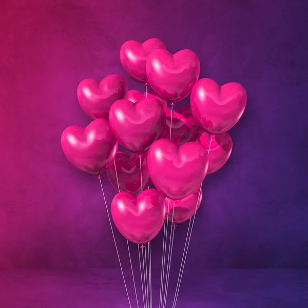 粉红色的心形气球簇拥着紫色的墙背景 3D插图渲染 — 图库照片