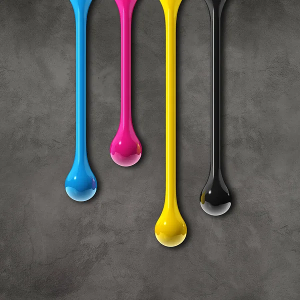 Cmyk Ink Drops Isolated Dark Concrete Background Square Wallpaper Illustration — Stock Photo, Image