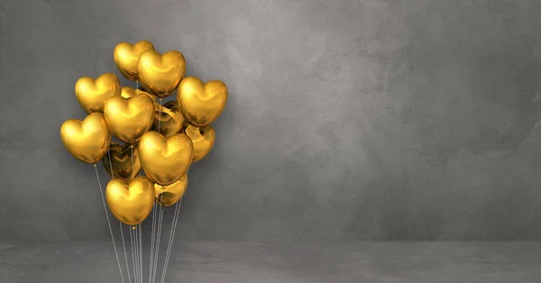 Gold Heart Shape Balloons Bunch Grey Wall Background Horizontal Banner — Stock Photo, Image