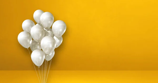 Manojo Globos Blancos Sobre Fondo Pared Amarillo Banner Horizontal Renderizado — Foto de Stock