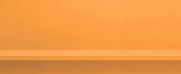Empty shelf on light orange wall. Background template scene. Horizontal banner