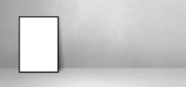 Açık gri bir duvara yaslanmış siyah resim çerçevesi. Boş model şablonu. Yatay Pankart