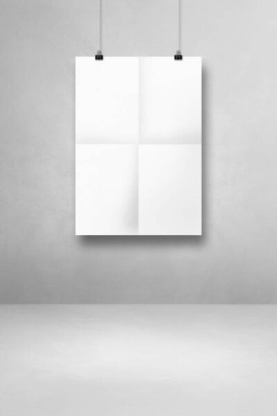 White folded poster hanging on a clean wall with clips. Blank mockup template
