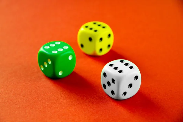 Three Colorful Dices Isolated Orange Background — Stock Photo, Image