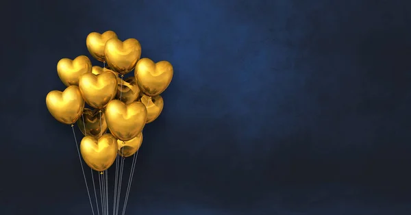 Bando Balões Forma Coração Ouro Fundo Parede Preta Bandeira Horizontal — Fotografia de Stock