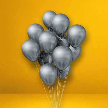 Sarı duvar arkaplanındaki gümüş balonlar. 3B illüstrasyon oluşturucu