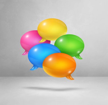 Beyaz kare arkaplanda izole edilmiş 3B çok renkli konuşma baloncukları