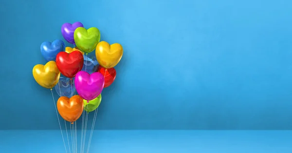 Manojo Globos Coloridos Forma Corazón Sobre Fondo Pared Azul Banner — Foto de Stock