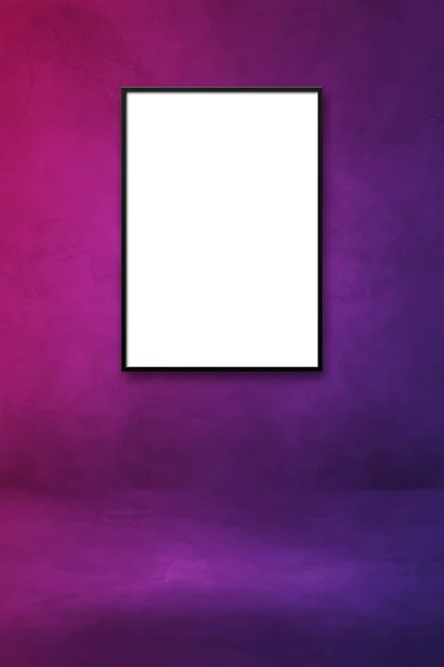 Black picture frame hanging on a purple wall. Blank mockup template