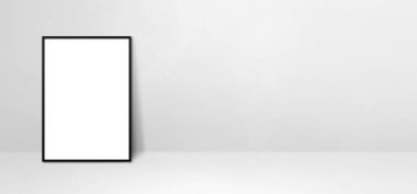 Beyaz bir duvara yaslanmış siyah resim çerçevesi. Boş model şablonu. Yatay Pankart