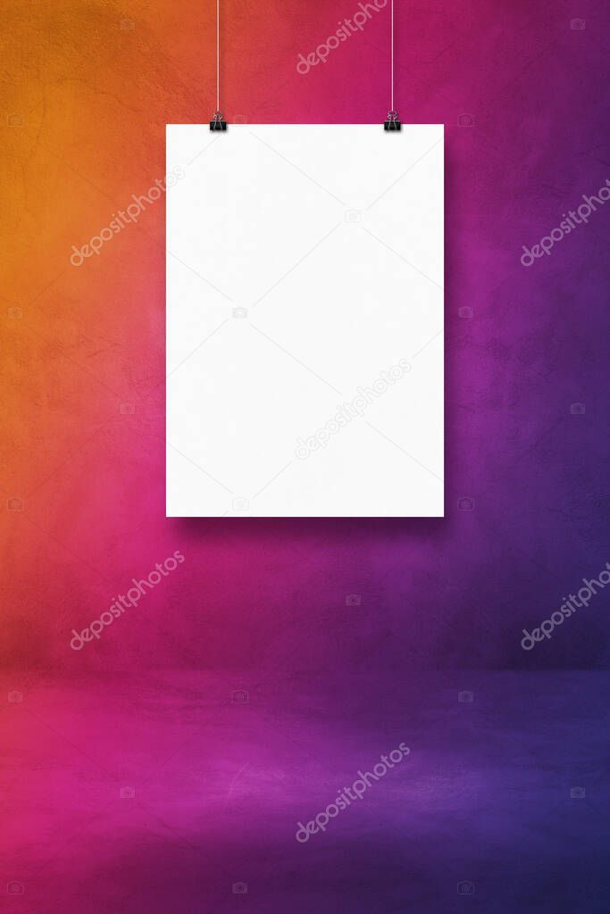 White poster hanging on a purple wall with clips. Blank mockup template
