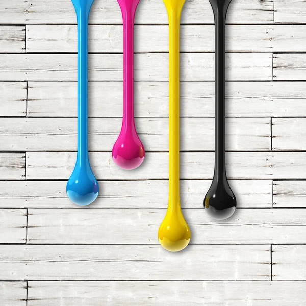 Cmyk Ink Drops Isolated White Wooden Background Square Wallpaper Illustration — Stock Photo, Image