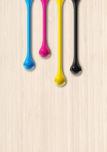 Cmyk Ink Drops Isolated Beige Wooden Background Illustration — Stock Photo, Image