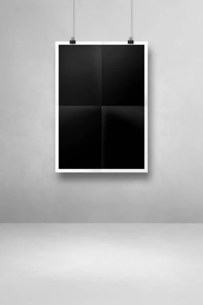 Black Folded Poster Hanging Clean Wall Clips Blank Mockup Template — Stock Photo, Image