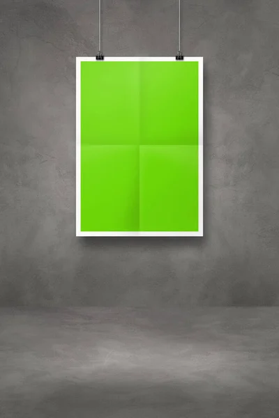 Green Folded Poster Hanging Dark Concrete Wall Clips Blank Mockup — Stock Photo, Image
