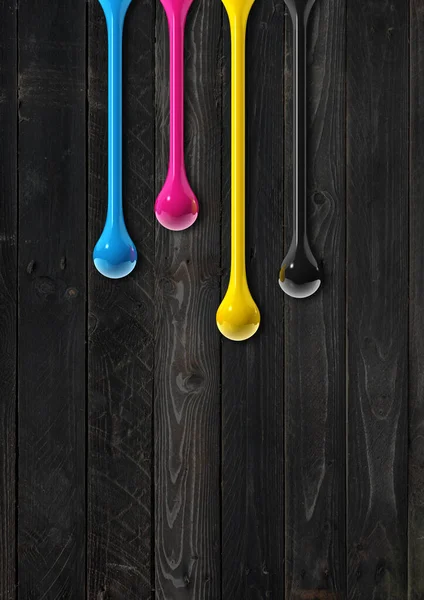 Cmyk Ink Drops Isolated Black Wooden Background Illustration — Stock Photo, Image