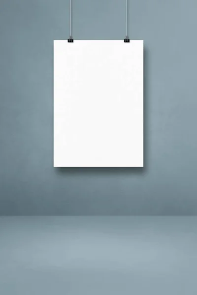 White Poster Hanging Grey Wall Clips Blank Mockup Template — Stock Photo, Image